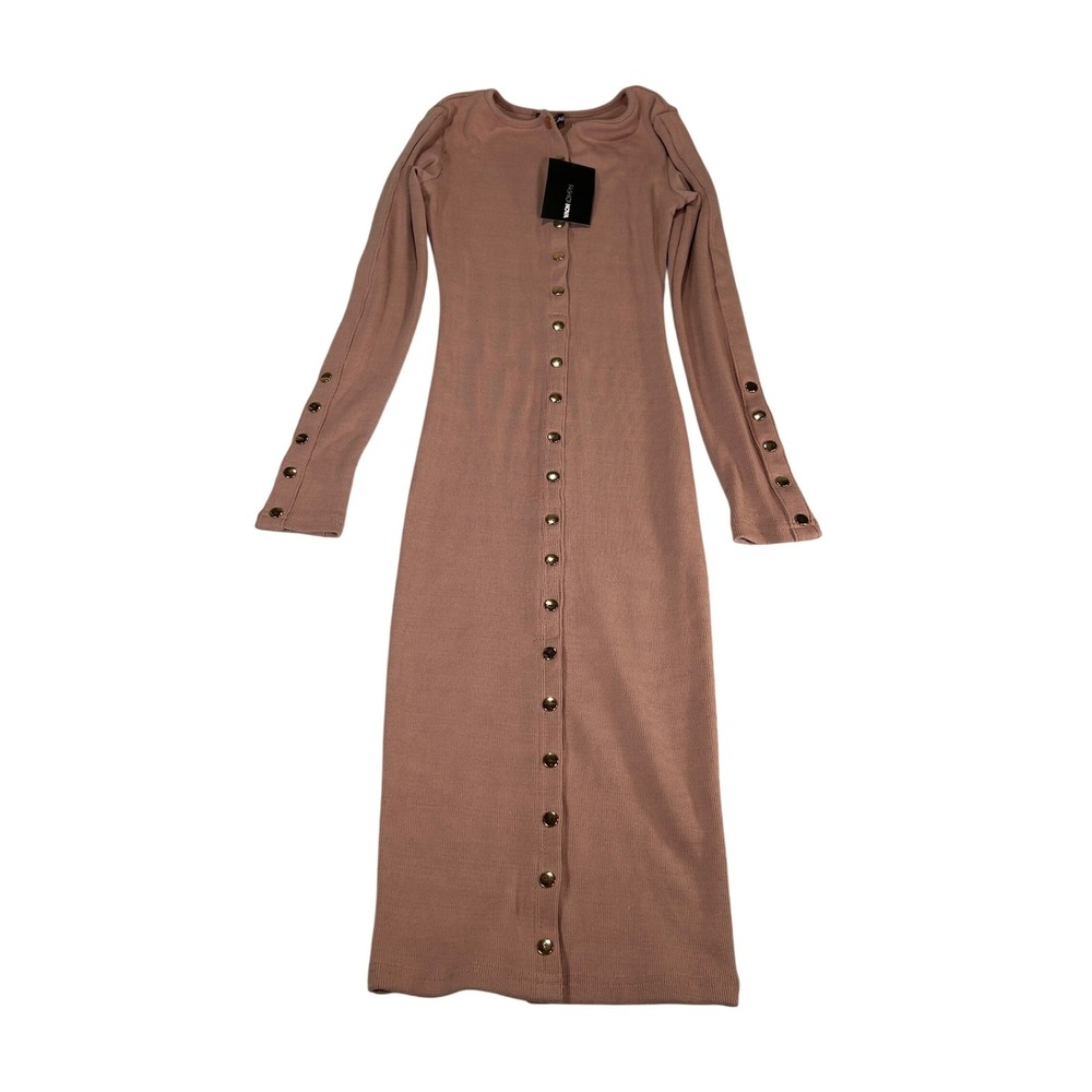 Fashion Nova Vintage Jams Dress Mauve Ribbed Button Front Midi Long Sleeve Small